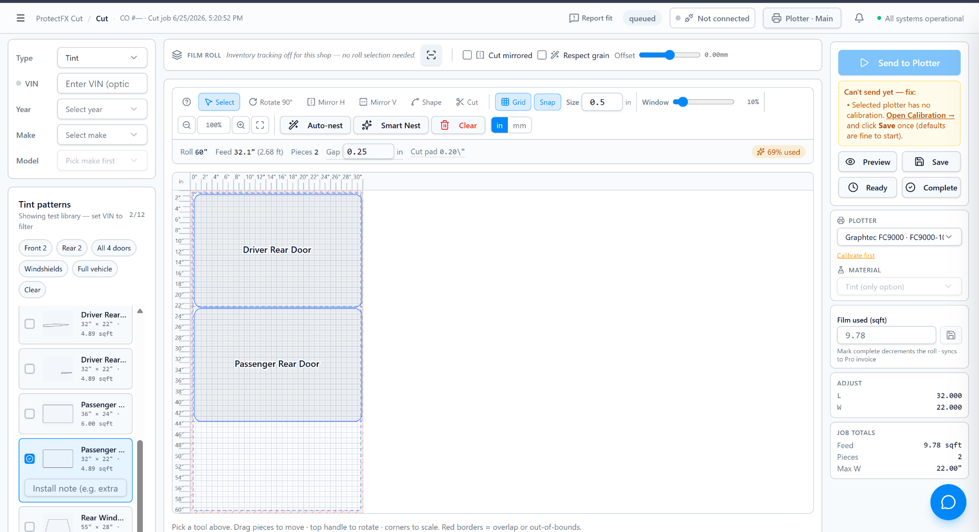 pfxcut.com app interface showing the cut job workspace
